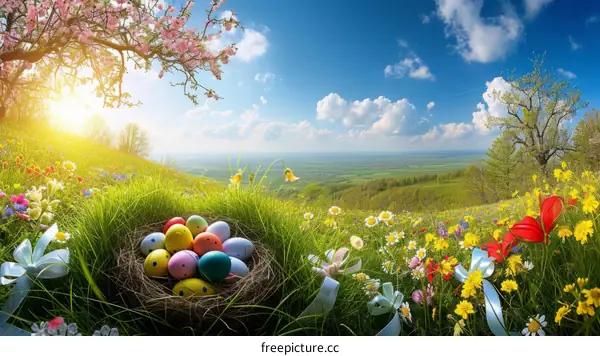 Easter eggs in a nest among spring flowers