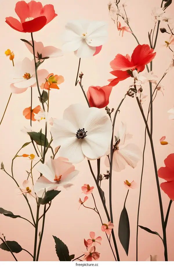 Delicate White and Red Flowers on a Pink Background