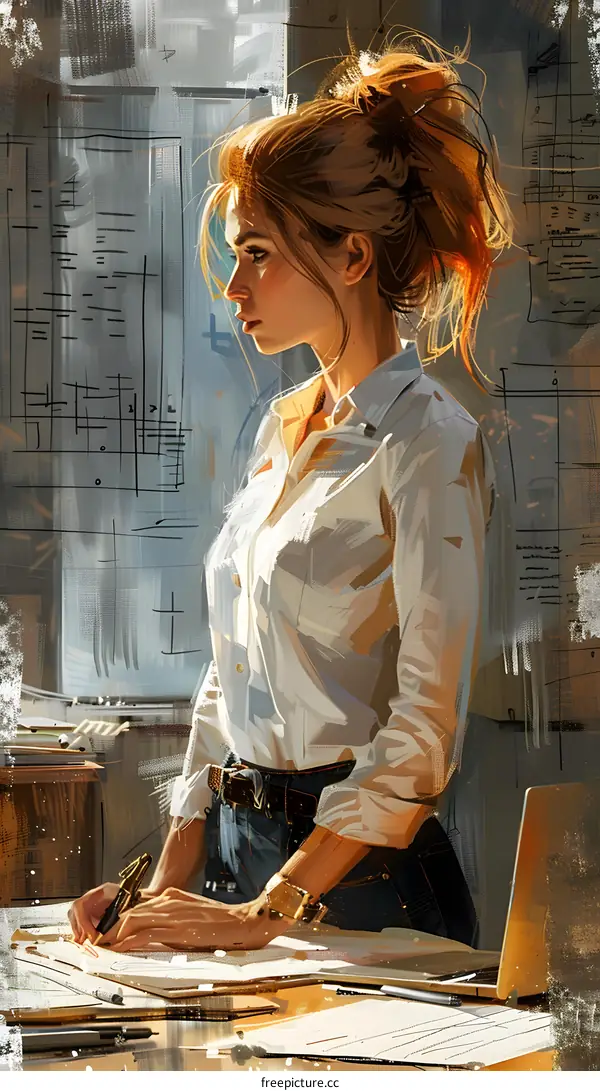 A woman in a white shirt is standing in front of a blackboard.