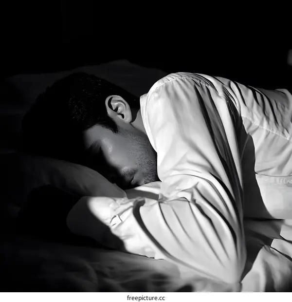 Man Sleeping on Bed in Black and White
