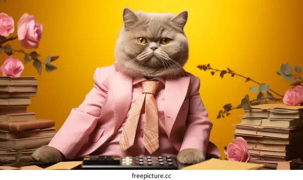 A cat wearing a suit and tie sits at a desk, surrounded by books and papers.