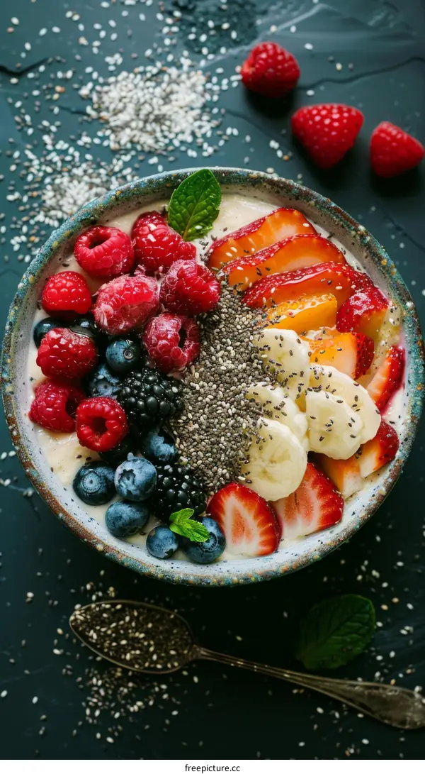 Chia seed pudding with raspberries, blueberries, strawberries, bananas, and peaches