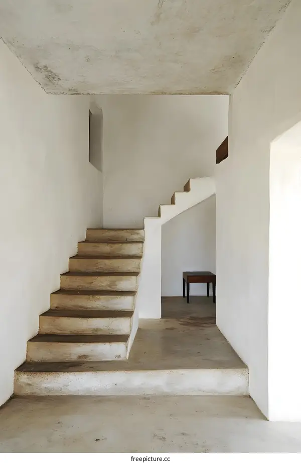 White Minimalist Stairs with Concrete Flooring