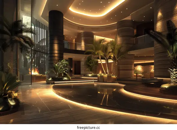 Opulent hotel lobby interior with fireplace and plants