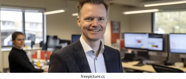 Smiling Businessman In Office With Computer Screen