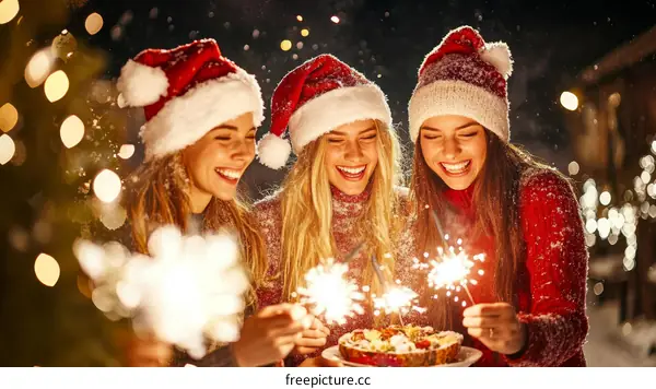 Three Happy Caucasian Women Celebrating Christmas with Sparkler