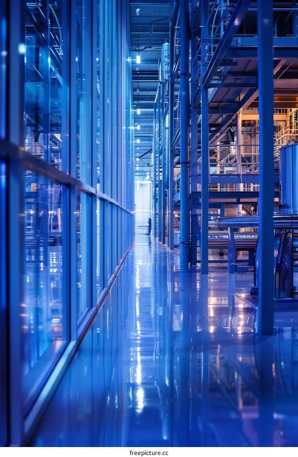 Blue factory interior with glass windows and shiny floor