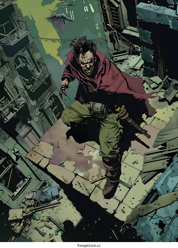 Man with a Knife on Rooftop in a Destroyed City