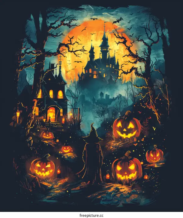 Spooky Halloween Pumpkin Night with Castle, Witch, and Haunted House