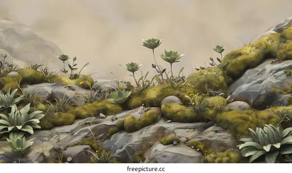 Digital Painting of Green Plants and Rocks with Fog