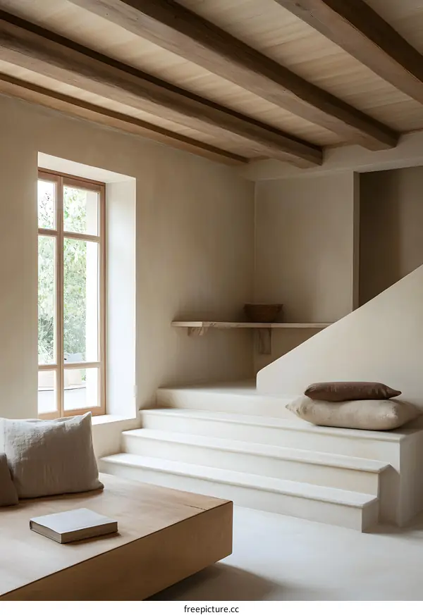 Minimalist Interior Design With Wooden Beam Ceiling and Natural Light