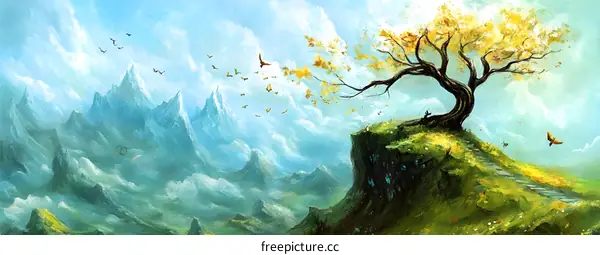 Fantasy Landscape with Tree and Mountains