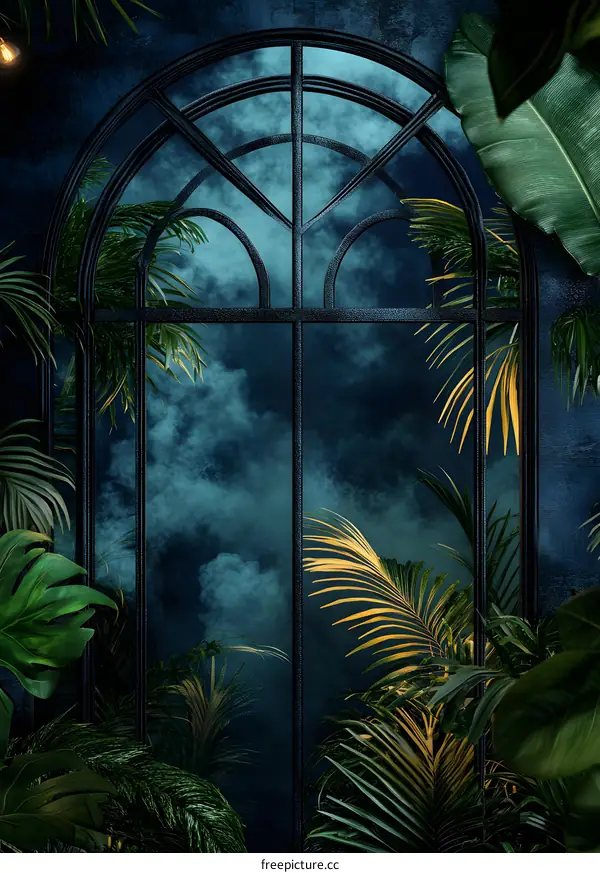 Tropical Plants Through a Window with a Cloudy Sky