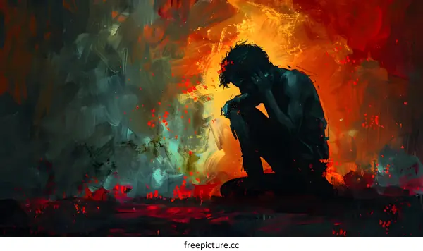 A dark figure sits on a colorful background