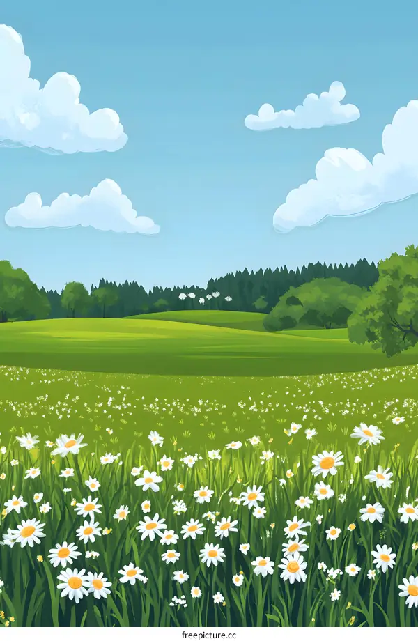 Green Meadow Landscape with White Flowers and Blue Sky