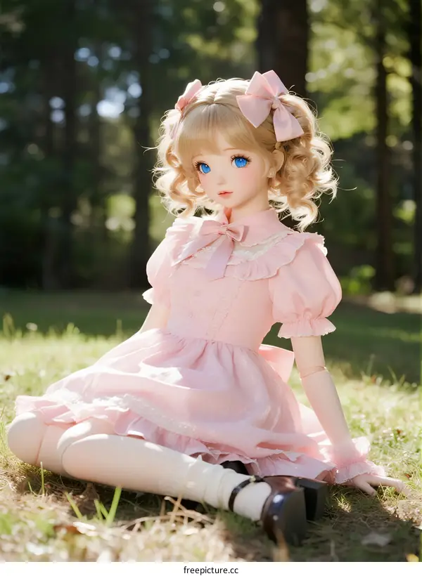 A young girl with curly hair wearing a pink dress sitting on green grass
