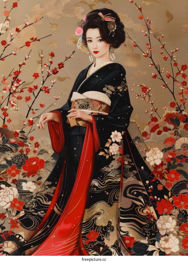 A Japanese woman wearing a kimono with a cherry blossom background