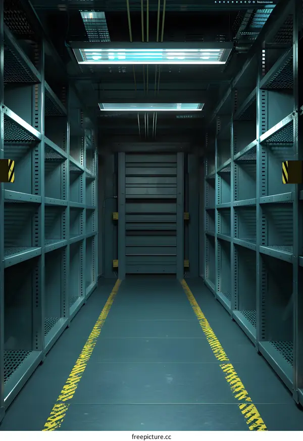 Futuristic Industrial Warehouse Interior With Metal Shelves And Yellow Lines