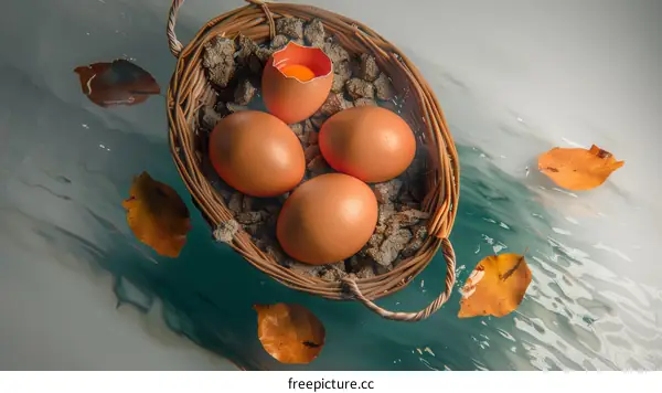Basket of eggs floating on water