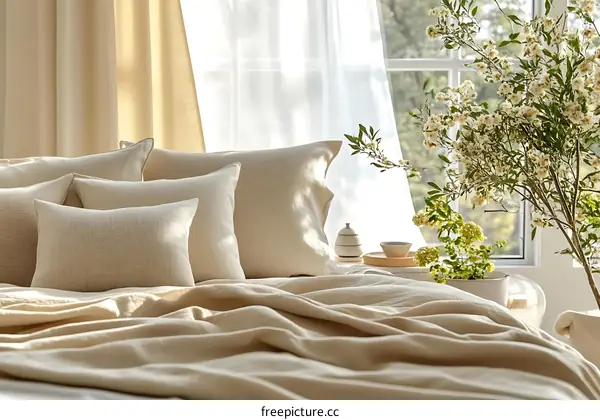 Beige Linen Bedding Set with Plants and Sunlight