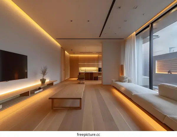 Modern Minimalist Living Room with Wooden Floor and White Sofa