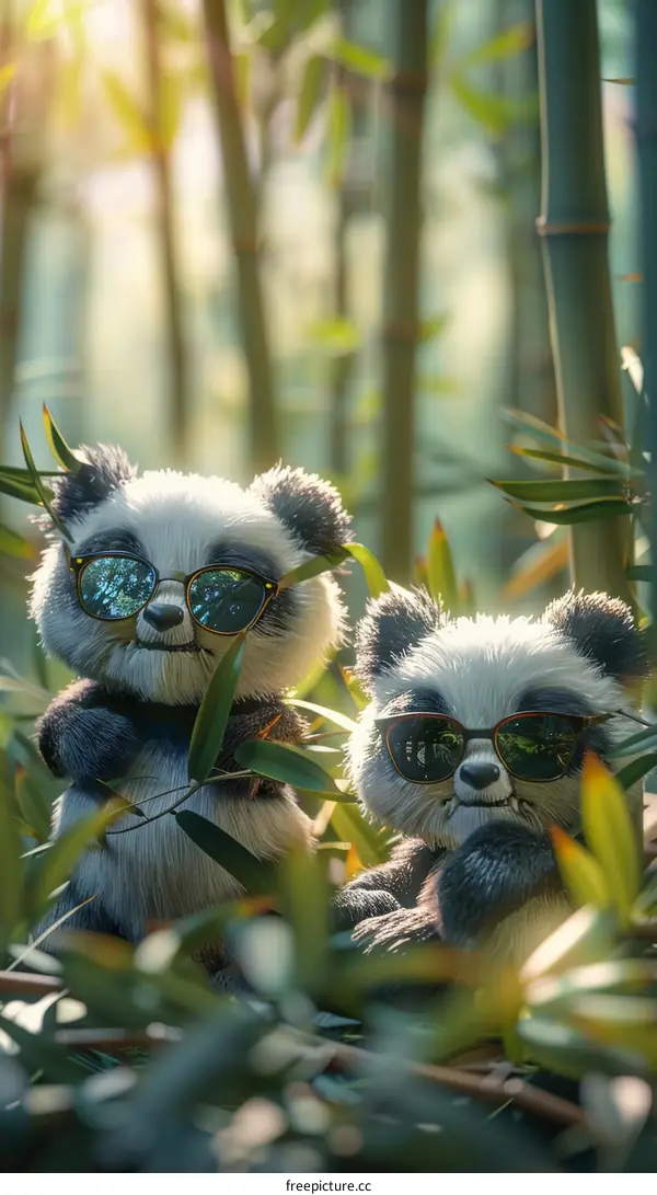 Two pandas wearing sunglasses are sitting in a bamboo forest