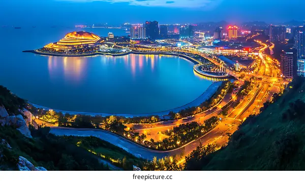 Night view of the coastal city illuminated