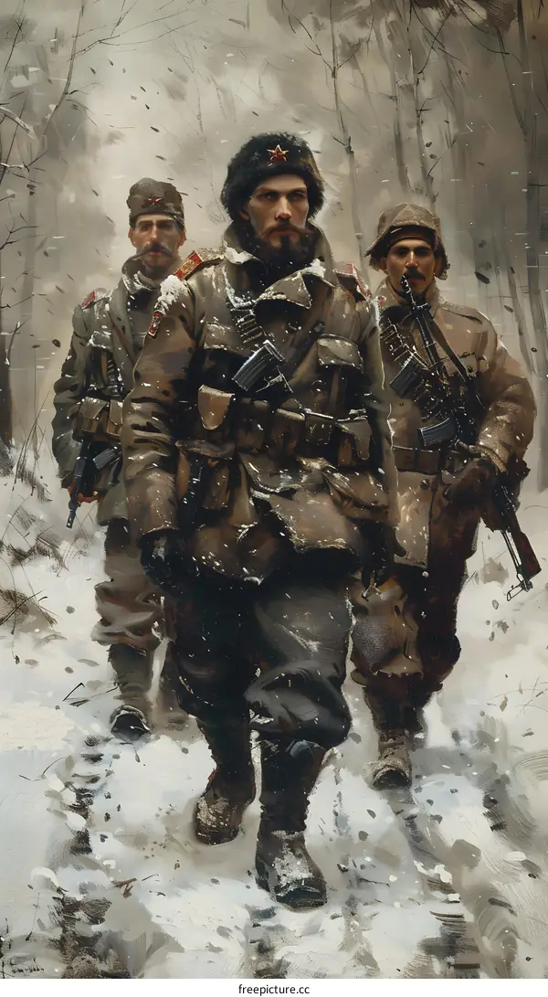 Three soldiers in winter gear walking through a snowy forest