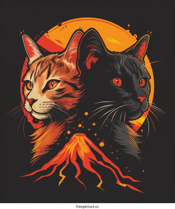 Two cats staring at each other with a volcano in the background