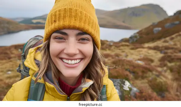 Smiling Woman in Yellow Jacket Hiking in the Mountains