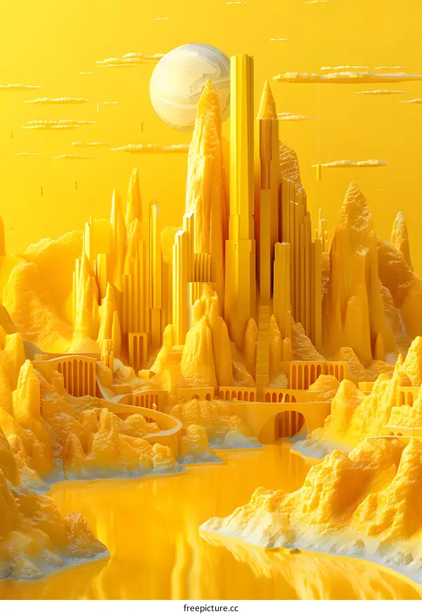 A surreal 3D rendering of a city made of cheese