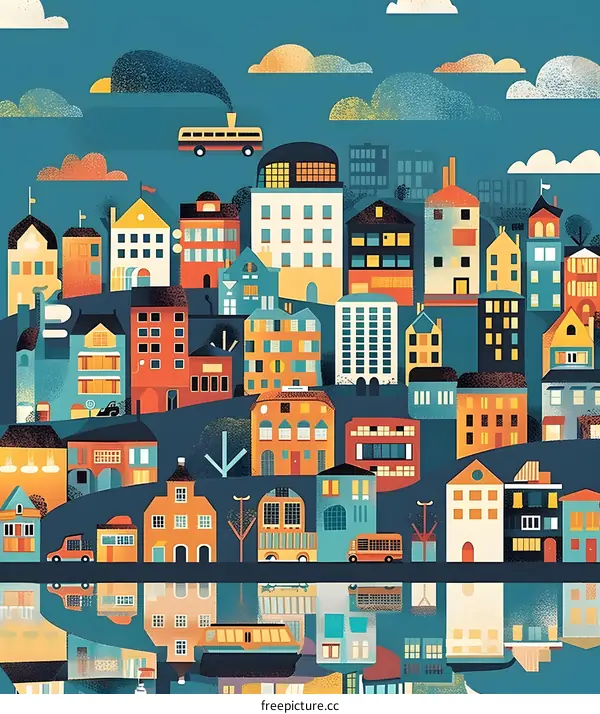 Colorful Cityscape with Buildings and Buses