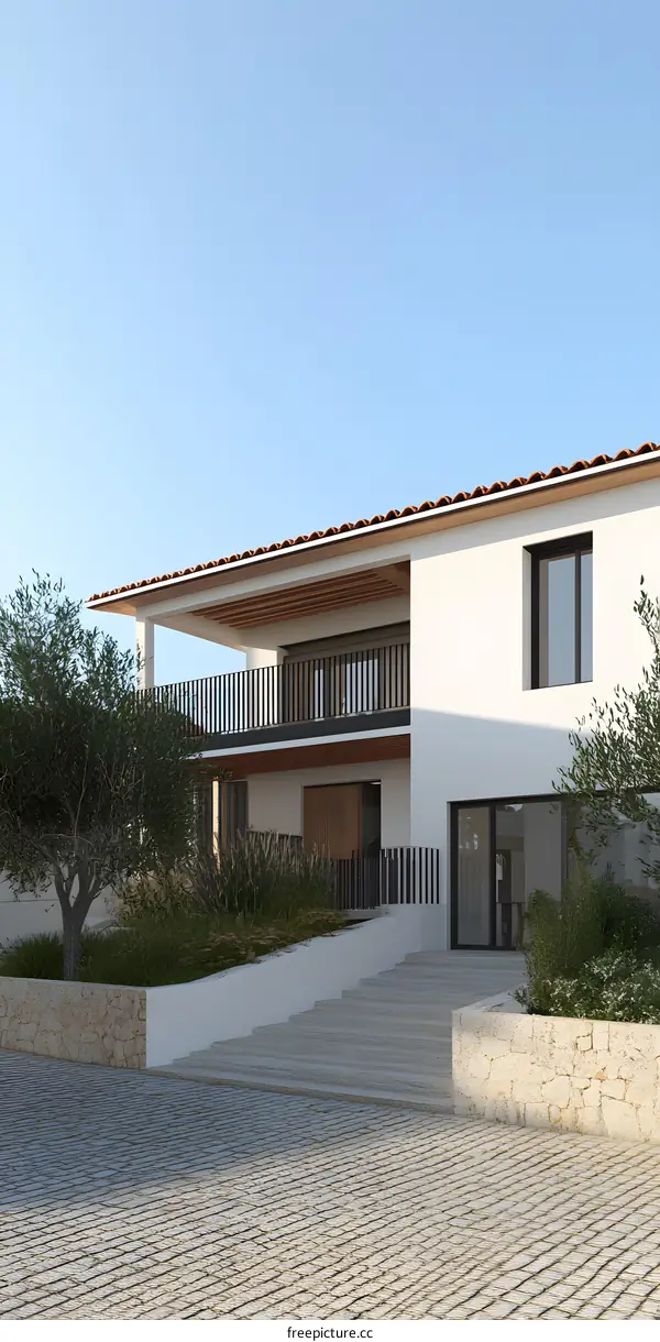 Modern White Mediterranean House With Stone Patio