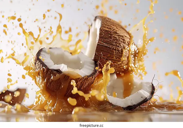 Coconut halves and coconut water splashing