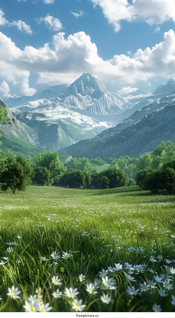Alpine Meadow with Snow-Capped Mountains