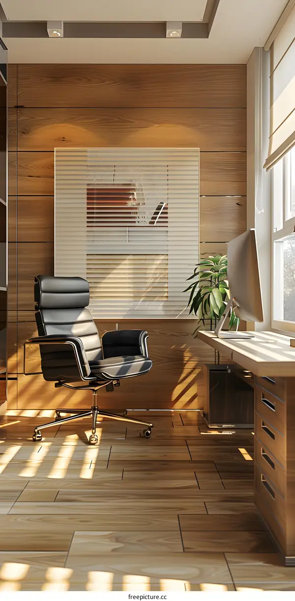 Office interior with large windows and wooden walls