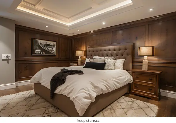 Wooden Wall Panels and Upholstered Headboard in a Bedroom