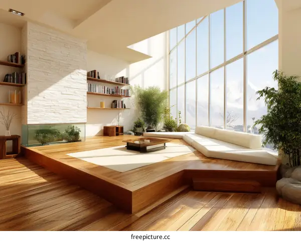 Modern Wooden Floor Living Room with Panoramic Mountain View