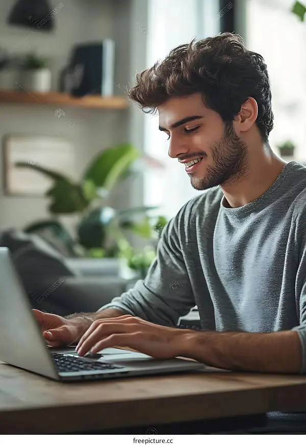Smiling Man Working on Laptop Computer