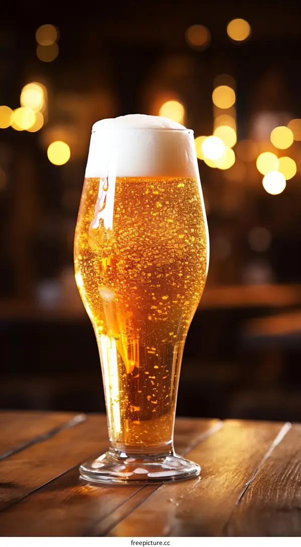 A Glass of Beer on a Wooden Table with a Blurred Background of Lights