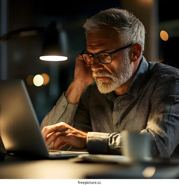 Man Working Late at Night on a Laptop