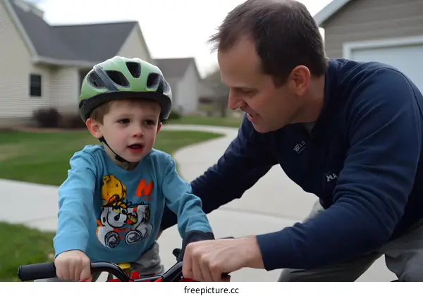 Father Teaching Son How to Ride a Bike