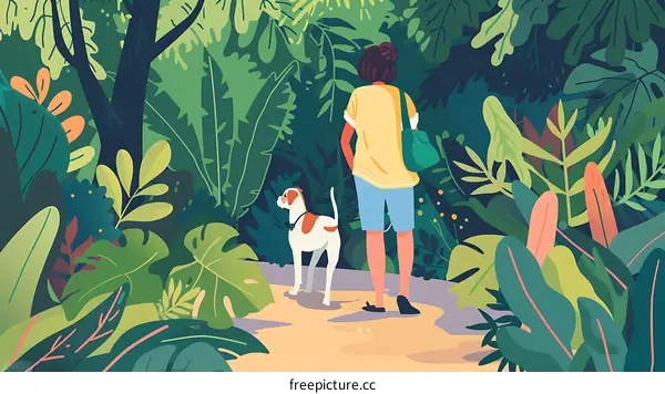 Woman and Dog Walking Through Jungle