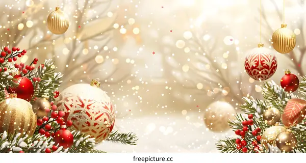 Christmas ornaments hanging from snow covered pine branches