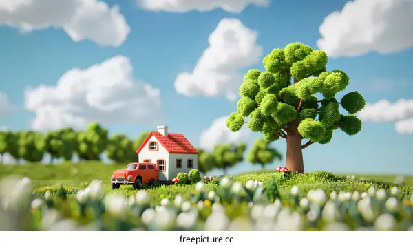 Miniature House and Car in a Green Field with a Tree