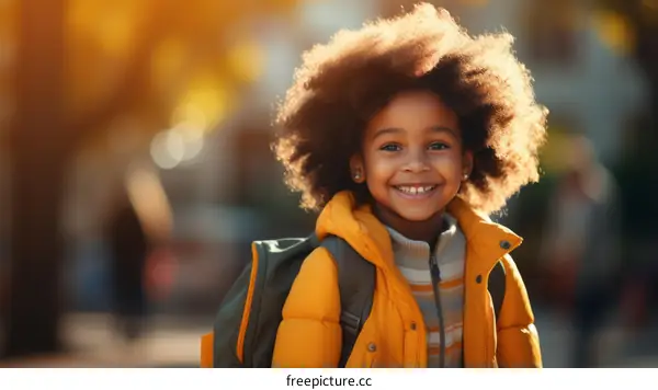 Portrait of a happy smiling school girl with afro hair wearing a yellow jacket and a backpack