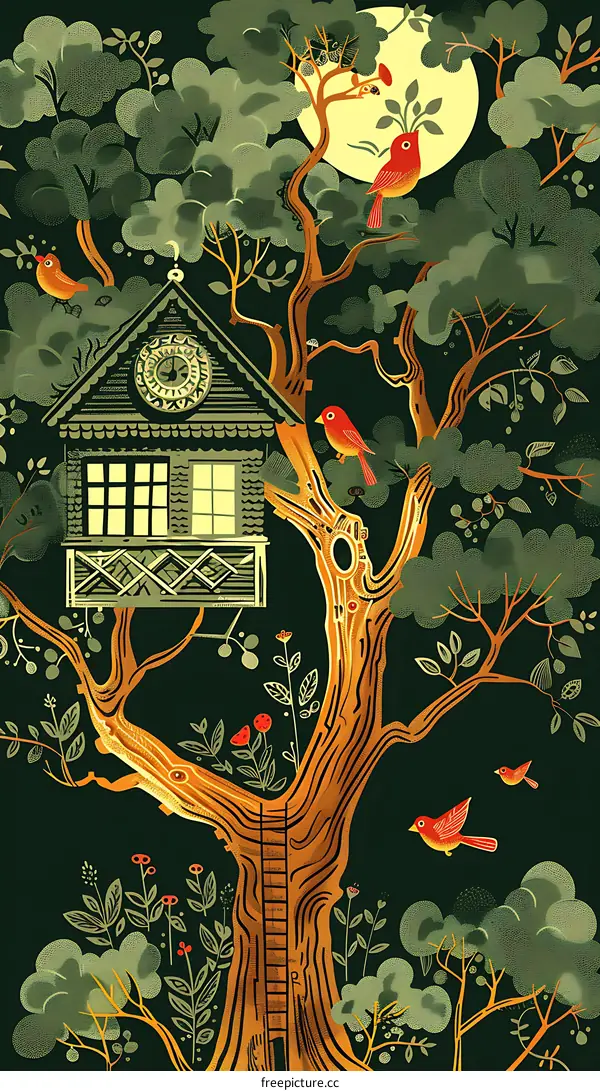 Treehouse in the Woods with Birds and a Moon