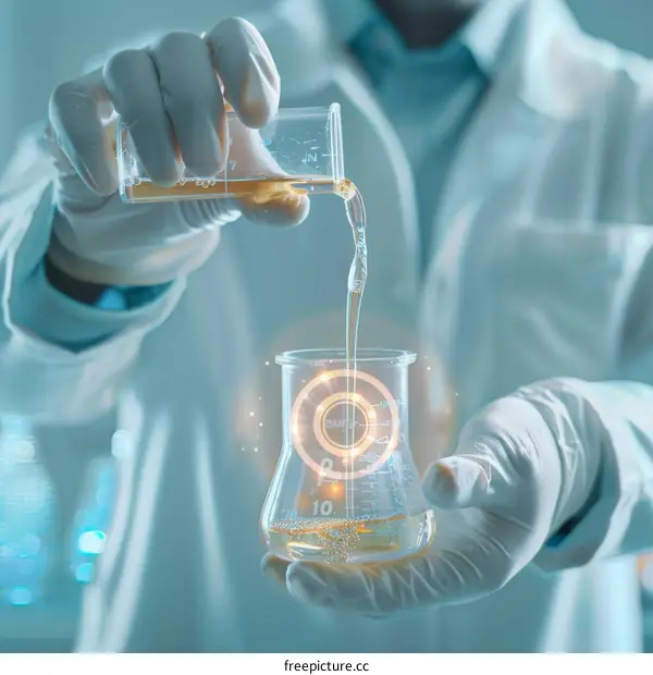 Scientist wearing gloves pouring a chemical from a flask