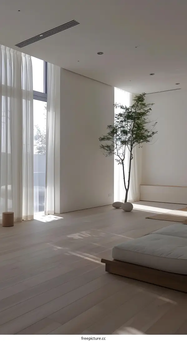 Modern Minimalist Living Room with White Curtains and Wooden Floor