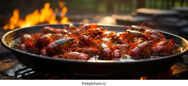 A large skillet of crawfish being cooked over a campfire.